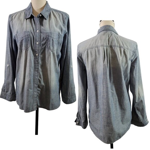 Chico’s Women’s Distressed Stonewash Roll Tab Sleeve Button Front Shirt – Size 1 - Picture 1 of 14